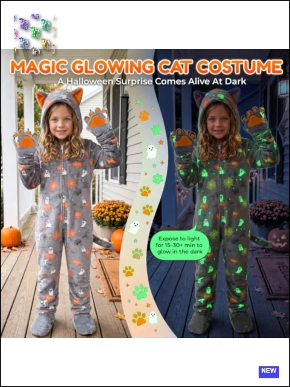 Joycover Girls Glow in the Dark Cat Onesie Fleece Jumpsuit Costume